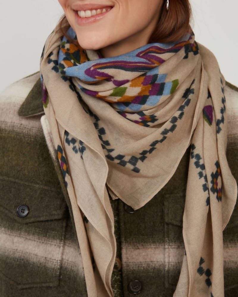 Front of a model wearing a size one-size-fits-all Print Scarf In Beige in Beige by Hartford. | dia_product_style_image_id:358190